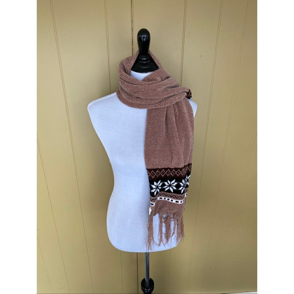 Microfiber scarf with snowflake designs &  fringe ends L 46.5” W 9.5”